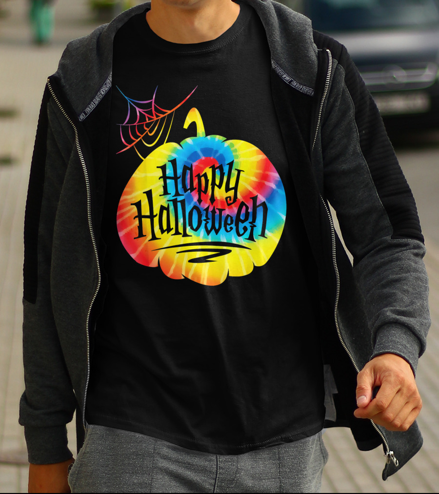Tie Dye Pumpkin Happy Halloween Spiderweb T-Shirt