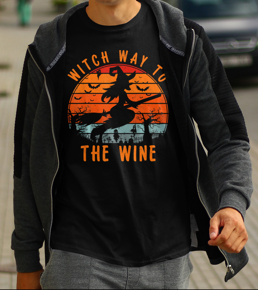 Witch Way To The Wine Halloween Spooky Bats Sunset T-Shirt