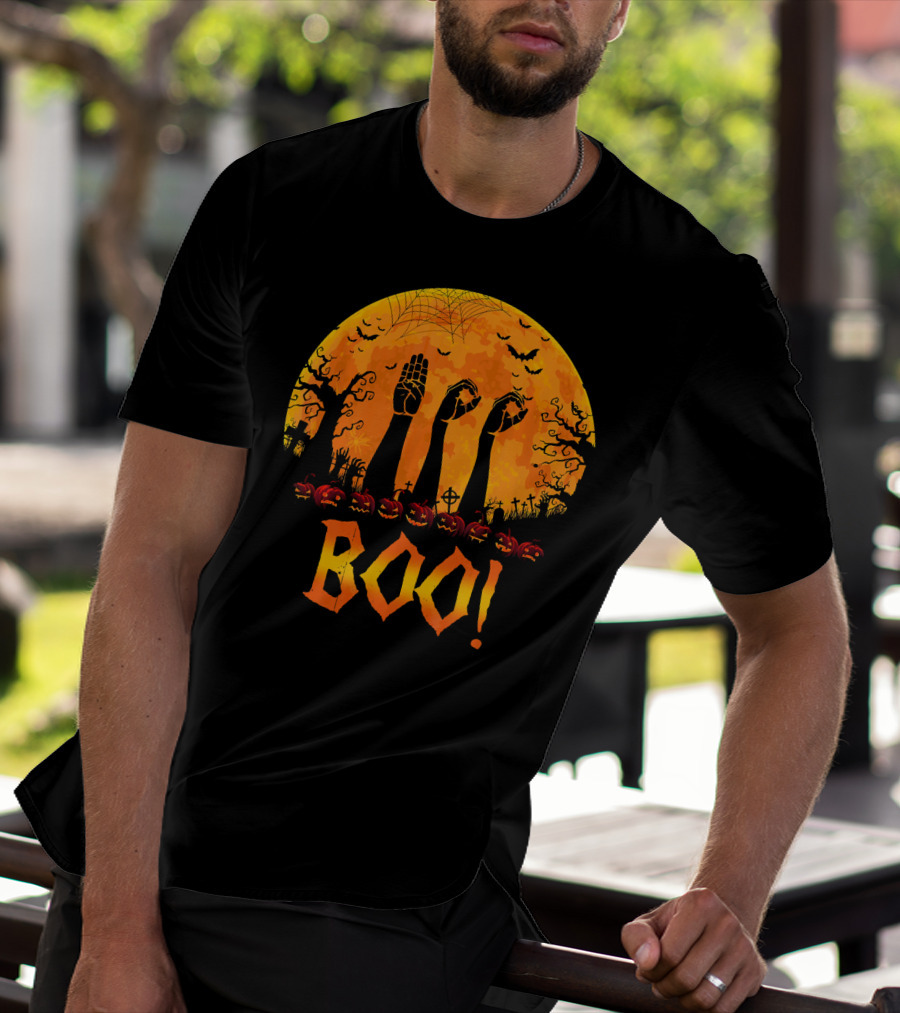 BOO ASL Sign Language With Zombie Hands And Spooky Halloween Moon T-Shirt