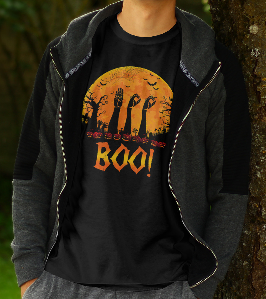 BOO ASL Sign Language With Zombie Hands And Spooky Halloween Moon T-Shirt
