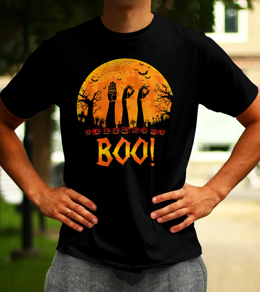 BOO ASL Sign Language With Zombie Hands And Spooky Halloween Moon T-Shirt