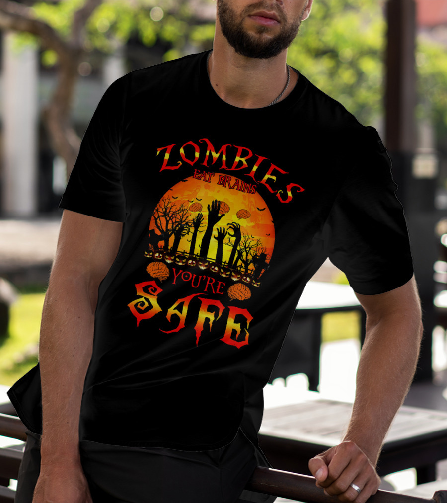 Zombies Eat Brains You're Safe Halloween Rising Hands And Brains Silhouette Sunset T-Shirt