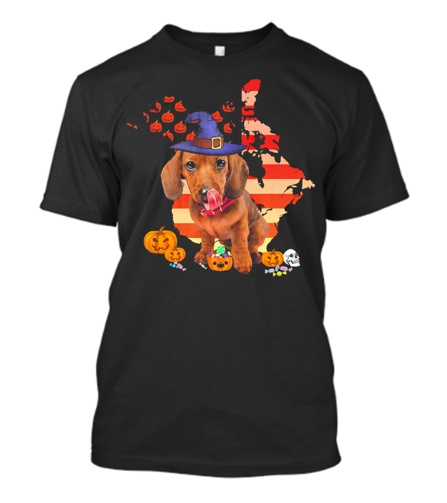 Halloween Witch Hat Daschund Dog With Pumpkin And Candy Canada Map T-Shirt