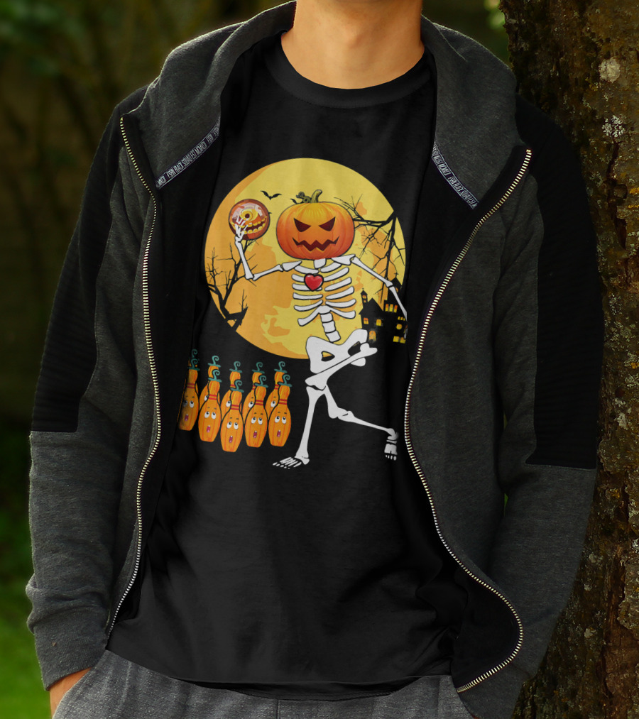 Funny Pumpkin-Headed Bowling Skeleton Halloween Dance T-Shirt