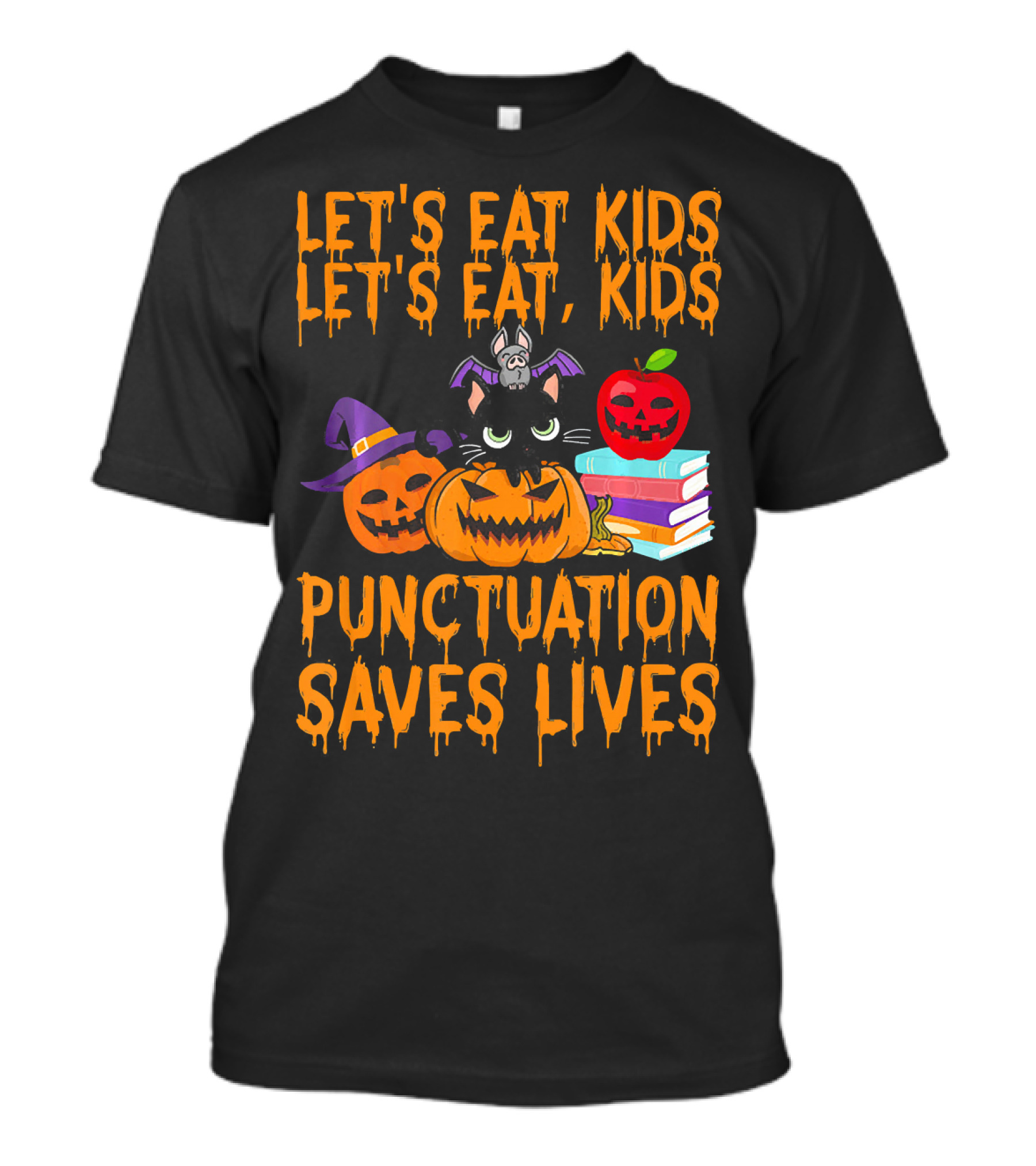 Let's Eat Kids Let's Eat Kids Punctuation Saves Lives Halloween Cats Pumpkins Books T-Shirt