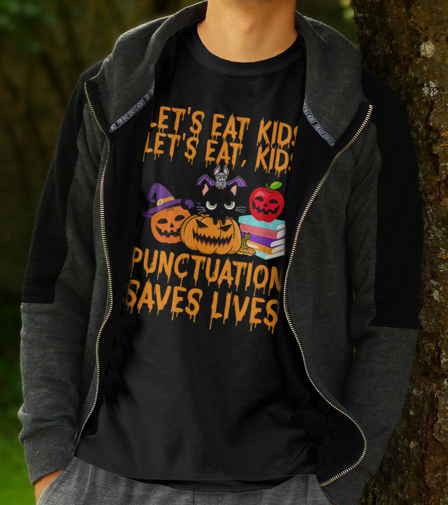 Let's Eat Kids Let's Eat Kids Punctuation Saves Lives Halloween Cats Pumpkins Books T-Shirt