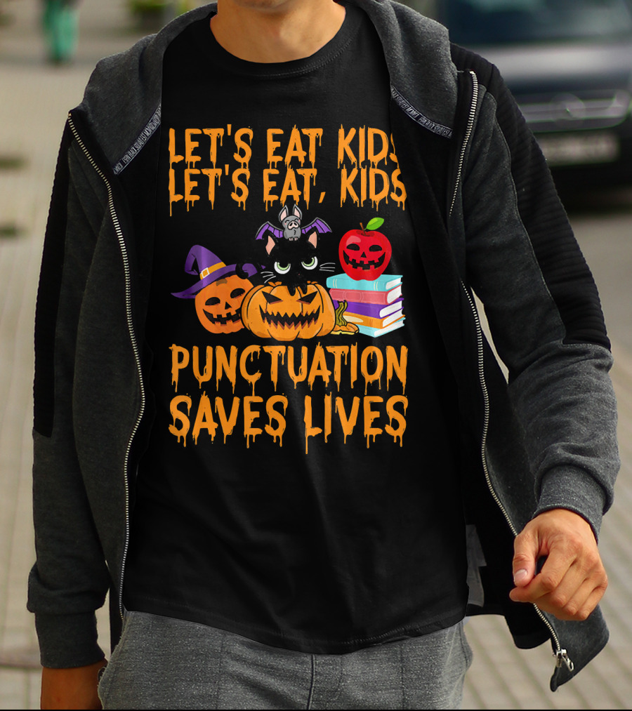 Let's Eat Kids Let's Eat Kids Punctuation Saves Lives Halloween Cats Pumpkins Books T-Shirt