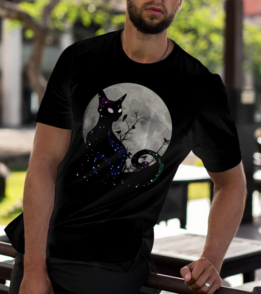 Halloween Cat Scary Black Cat Gothic Full Moon Night Sky T-Shirt