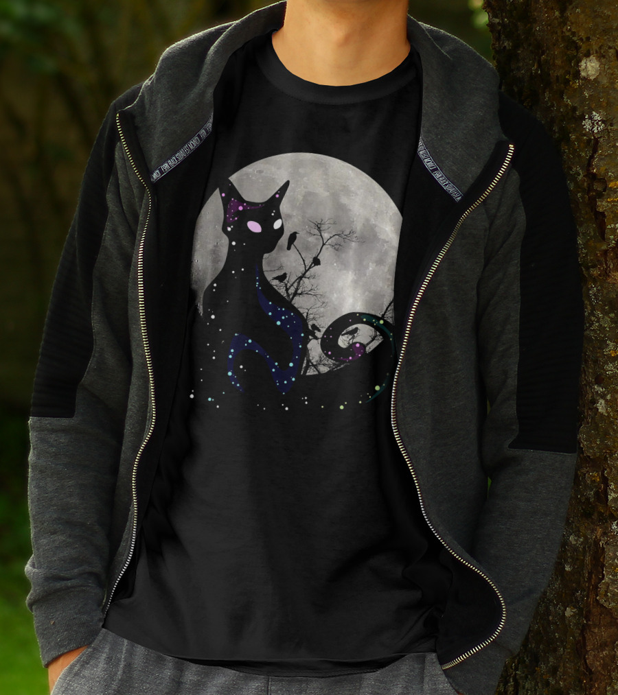 Halloween Cat Scary Black Cat Gothic Full Moon Night Sky T-Shirt
