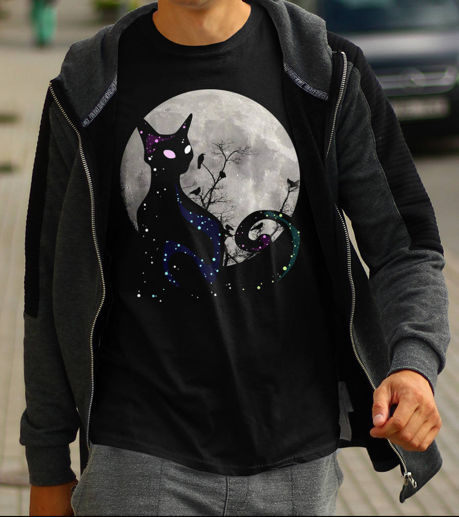 Halloween Cat Scary Black Cat Gothic Full Moon Night Sky T-Shirt