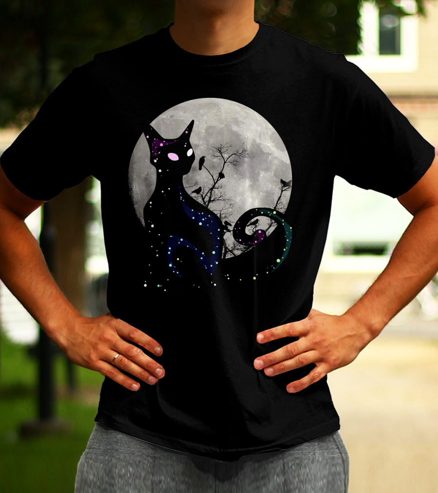 Halloween Cat Scary Black Cat Gothic Full Moon Night Sky T-Shirt