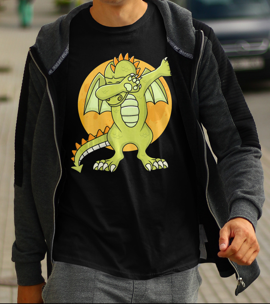 Halloween Dabbing Dragon With Orange Moon Background T-Shirt