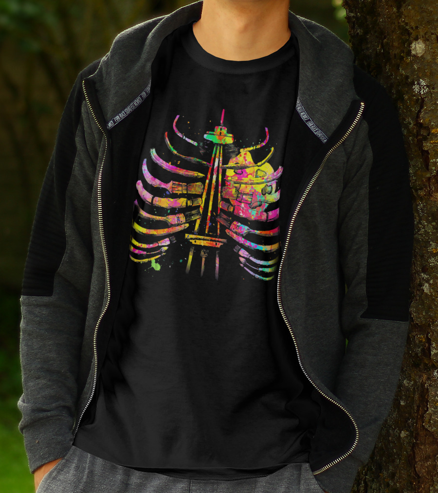 Colorful Seattle Space Needle Skeleton Ribcage Halloween T-Shirt