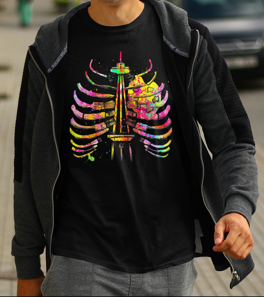 Colorful Seattle Space Needle Skeleton Ribcage Halloween T-Shirt