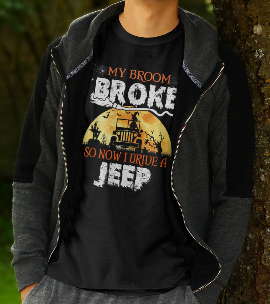 My Broom Broke So Now I Drive A Jeep Halloween Witch Silhouette Moon Background T-Shirt