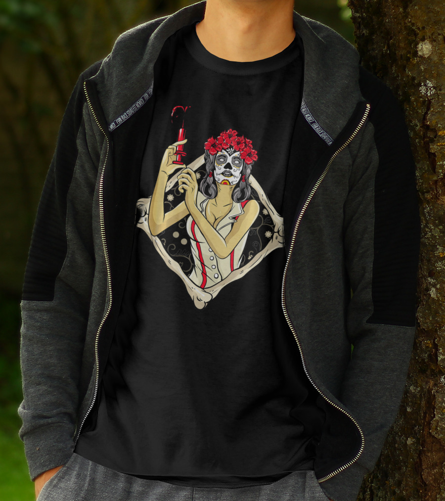 Halloween Nurse Day Of The Dead Dia De Los Muertos Skeleton Syringe Flower Crown T-Shirt