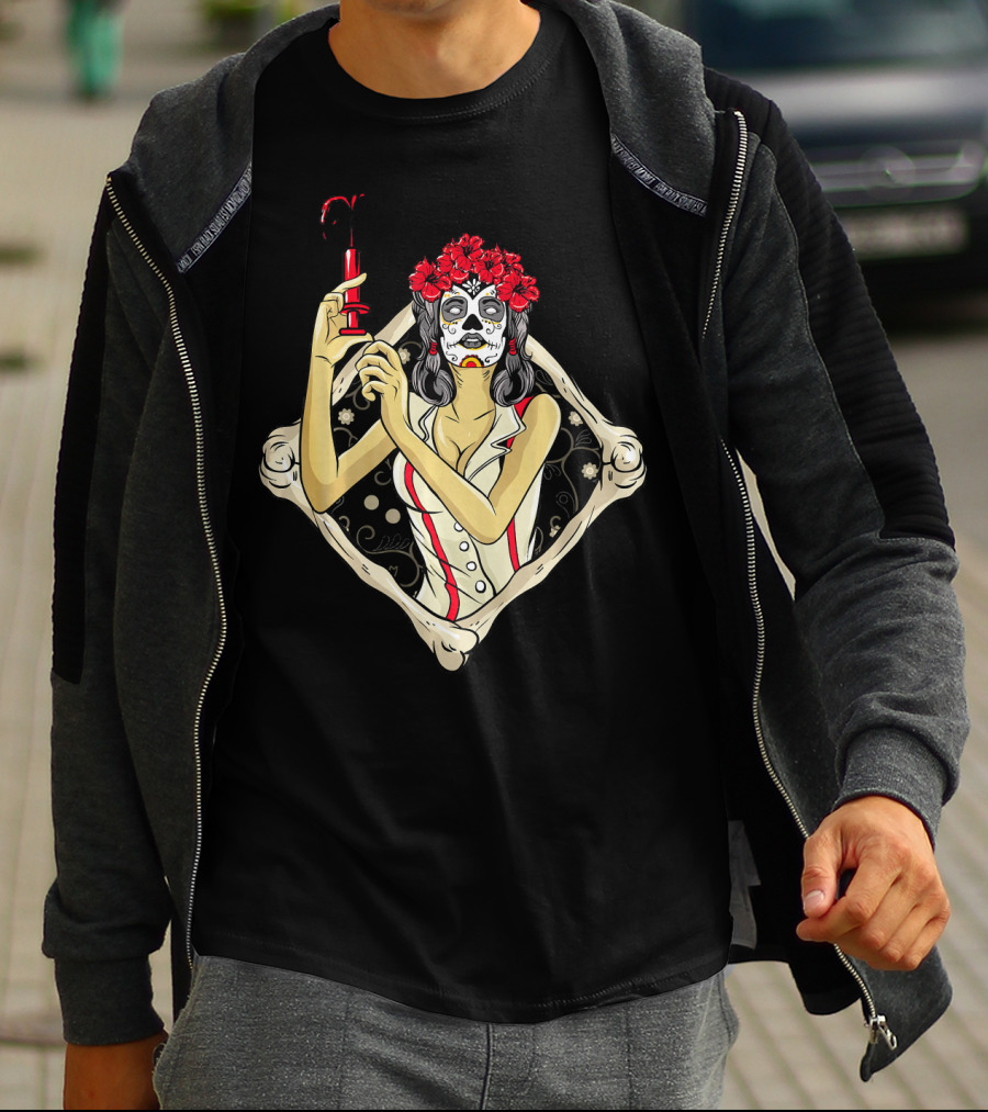 Halloween Nurse Day Of The Dead Dia De Los Muertos Skeleton Syringe Flower Crown T-Shirt