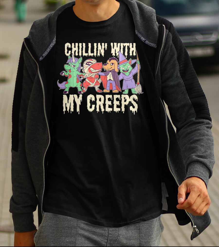 CHILLIN' WITH MY CREEPS Funny Animals Halloween T-Shirt