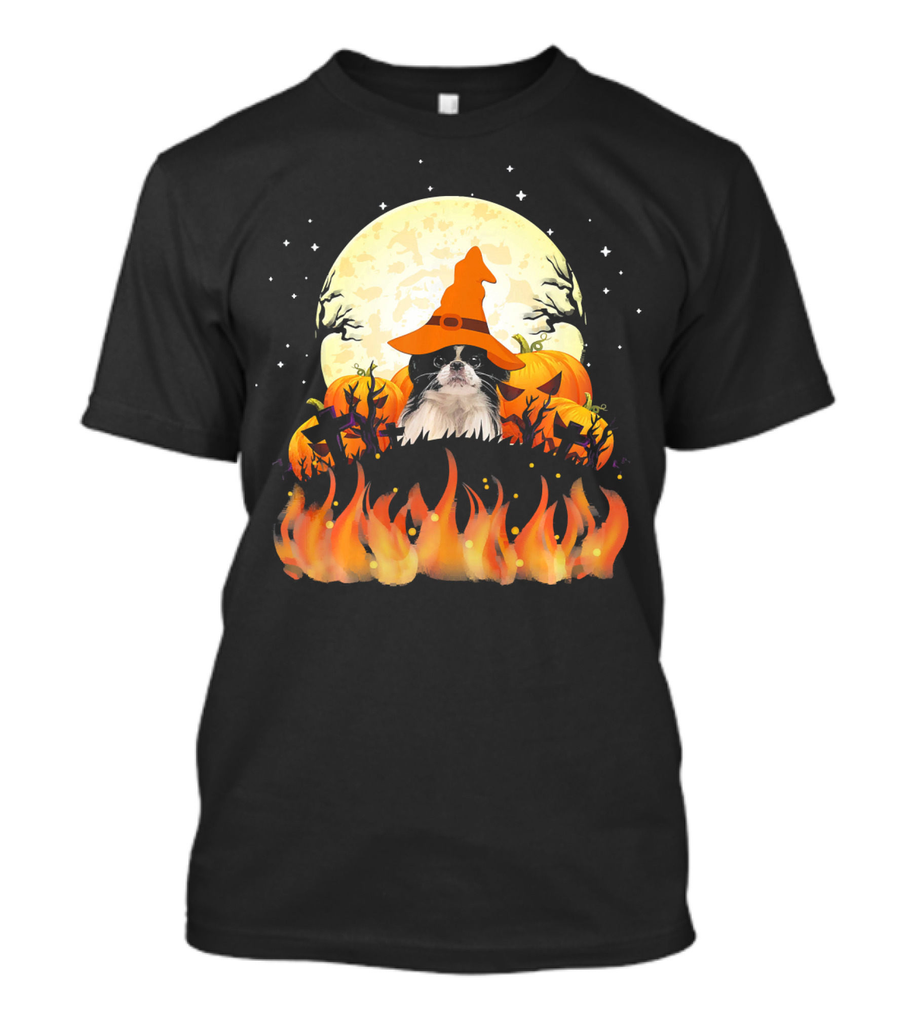 Japanese Chin Dog Lovers Halloween Pumpkin Witch Hat Full Moon Fire Magic T-Shirt