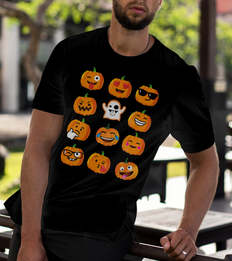 Emoji Faces Pumpkins And Ghost Halloween T-Shirt