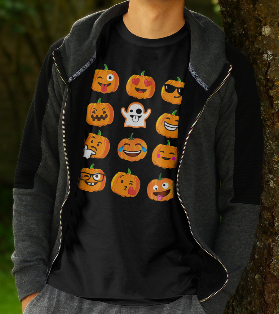 Emoji Faces Pumpkins And Ghost Halloween T-Shirt