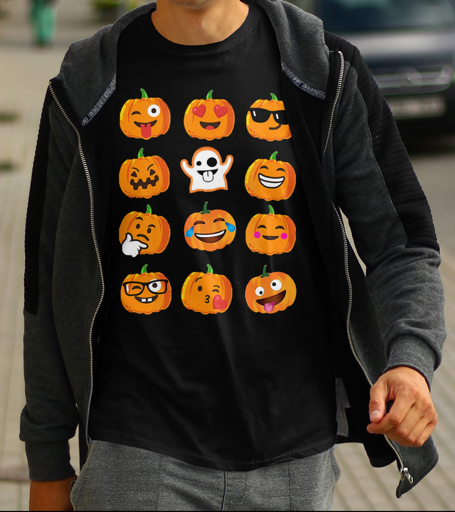 Emoji Faces Pumpkins And Ghost Halloween T-Shirt