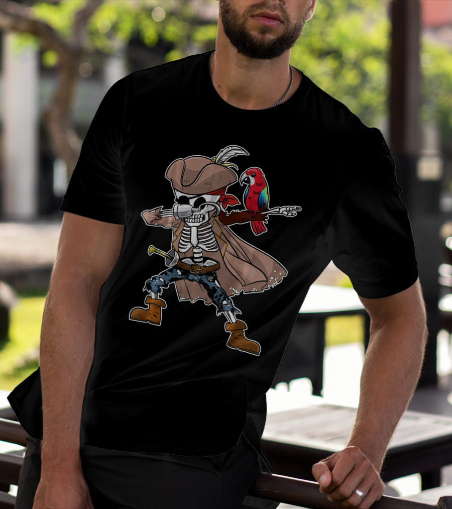 Skeleton Pirate Dabbing With Parrot And Sword T-Shirt