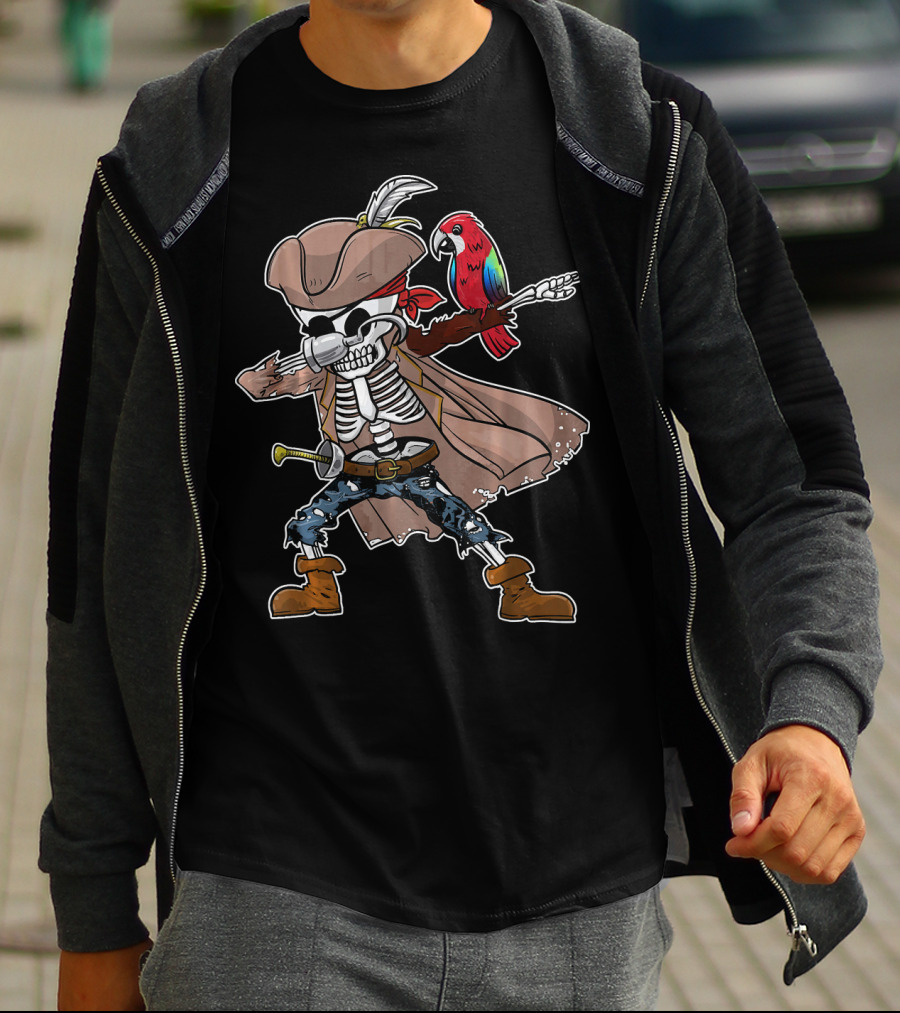 Skeleton Pirate Dabbing With Parrot And Sword T-Shirt