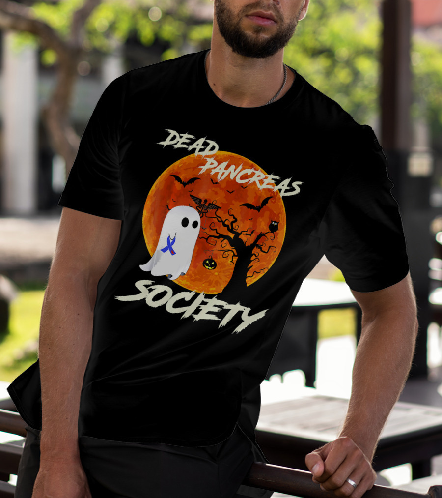 Dead Pancreas Society Ghost Halloween Moon Bats Pumpkin T-Shirt