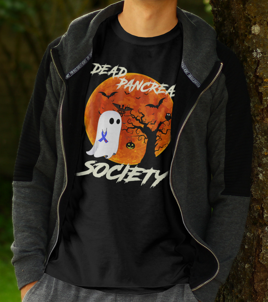Dead Pancreas Society Ghost Halloween Moon Bats Pumpkin T-Shirt