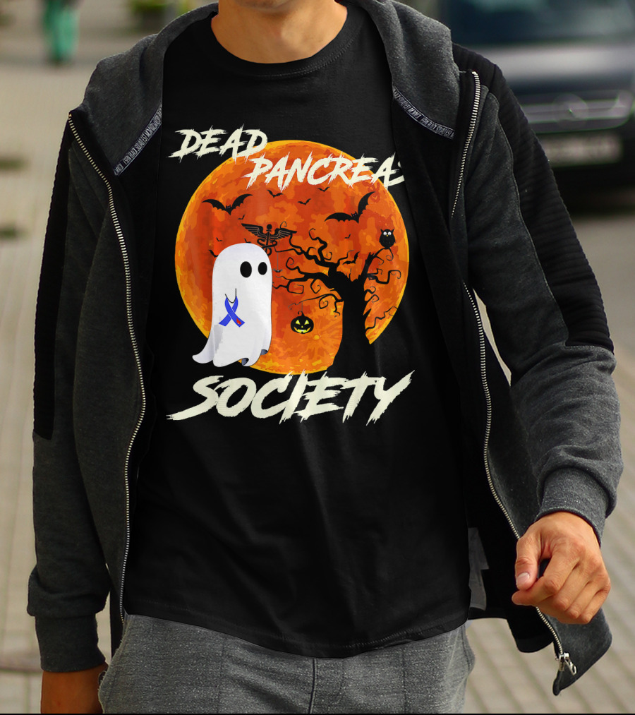 Dead Pancreas Society Ghost Halloween Moon Bats Pumpkin T-Shirt