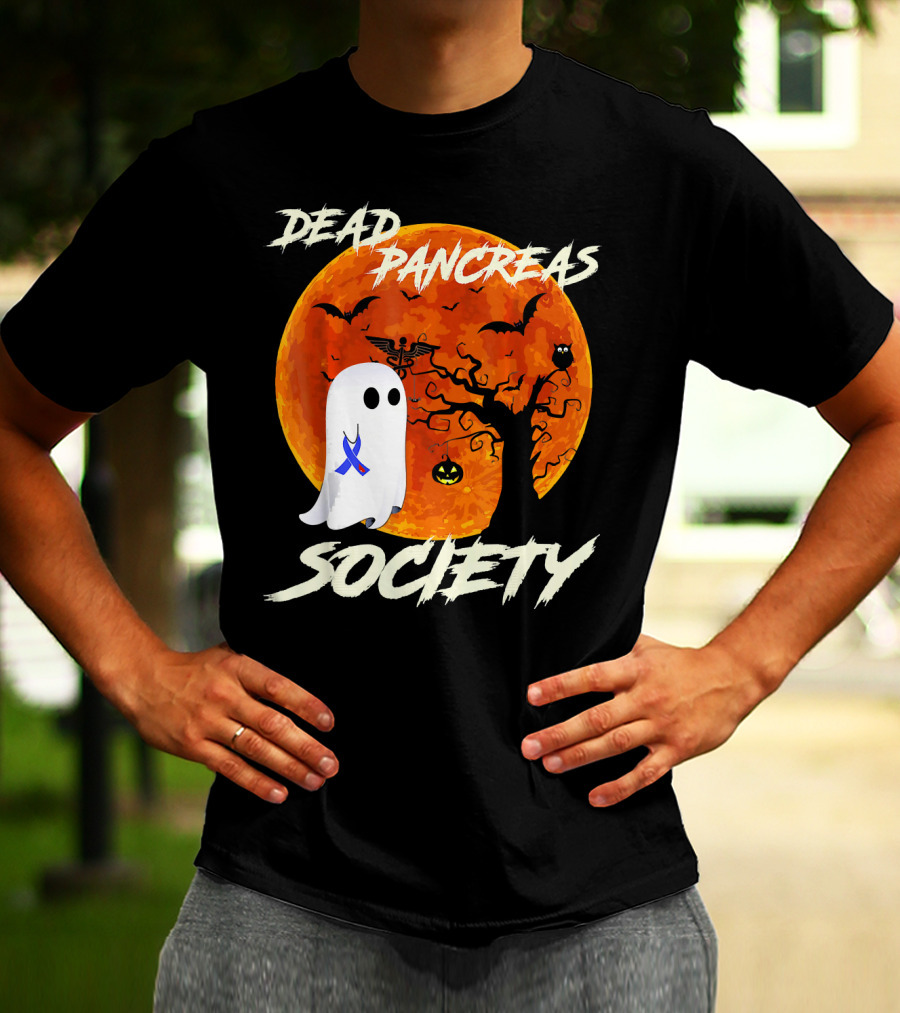 Dead Pancreas Society Ghost Halloween Moon Bats Pumpkin T-Shirt
