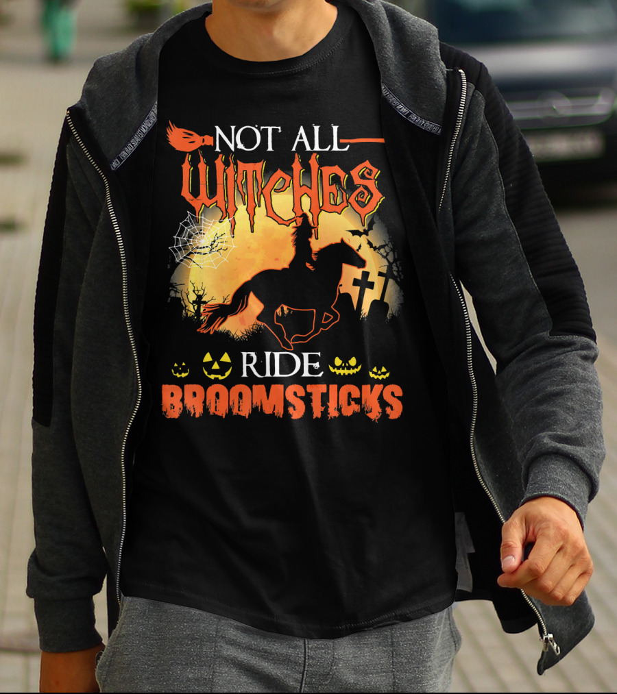 Not All Witches Ride Broomsticks Halloween Graveyard Jack-O'-Lanterns Horse T-Shirt