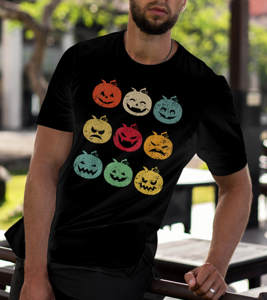 Vintage Pumpkin Emoji Halloween Faces In Nine Colorful Expressions T-Shirt