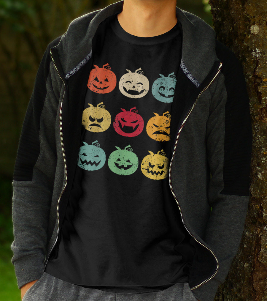 Vintage Pumpkin Emoji Halloween Faces In Nine Colorful Expressions T-Shirt