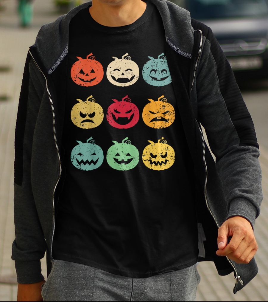 Vintage Pumpkin Emoji Halloween Faces In Nine Colorful Expressions T-Shirt