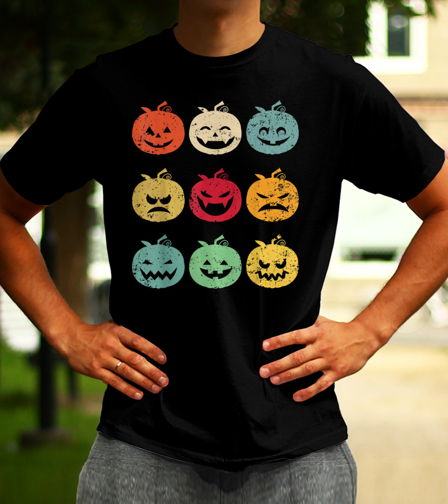 Vintage Pumpkin Emoji Halloween Faces In Nine Colorful Expressions T-Shirt