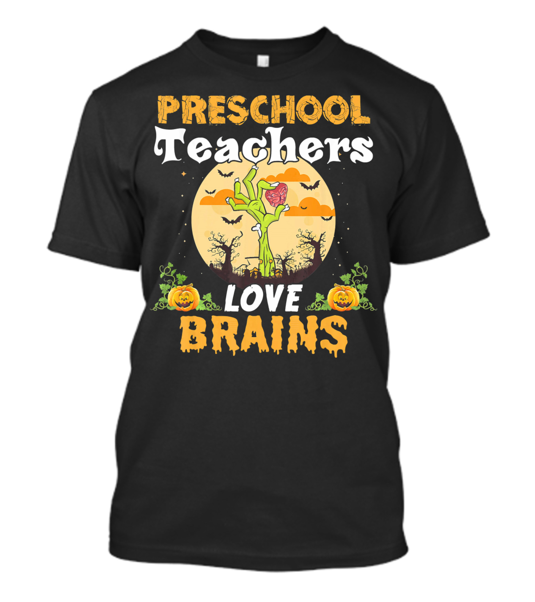 Preschool Teachers Love Brains Zombies Halloween Pumpkin Moon Bats T-Shirt