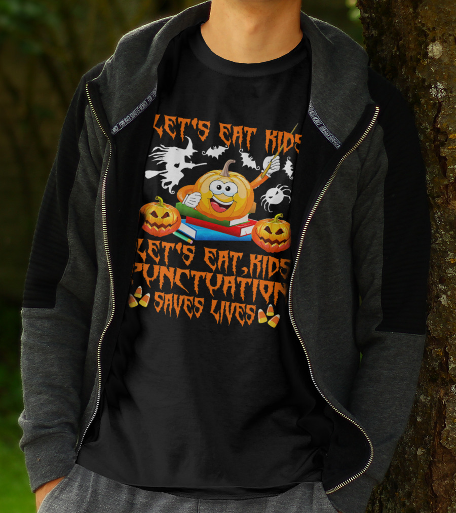 Let's Eat Kids Punctuation Saves Lives Halloween Pumpkin Ghosts Candy Corn T-Shirt