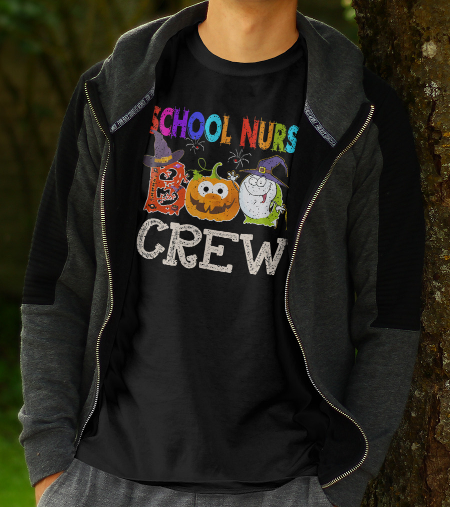 School Nurse Boo Crew Halloween Pumpkin Ghost Witches Hat Broom T-Shirt