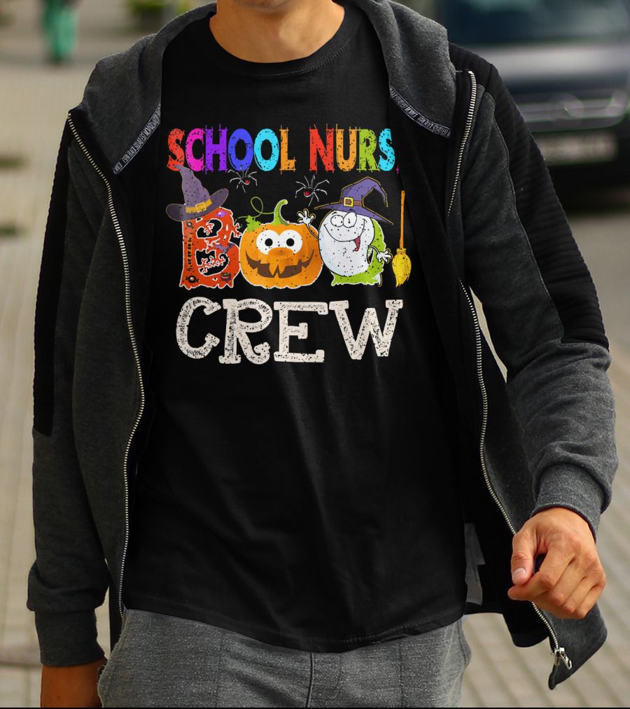 School Nurse Boo Crew Halloween Pumpkin Ghost Witches Hat Broom T-Shirt