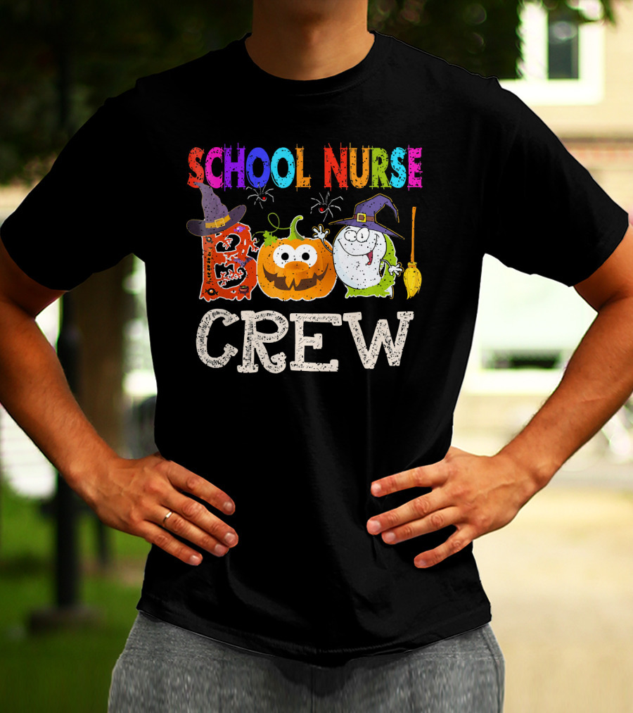 School Nurse Boo Crew Halloween Pumpkin Ghost Witches Hat Broom T-Shirt
