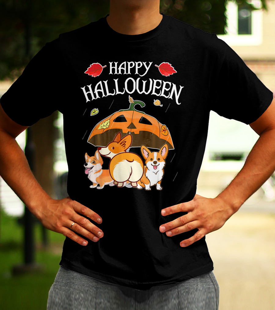 Happy Halloween Welsh Corgis Pumpkin Umbrella Rain T-Shirt