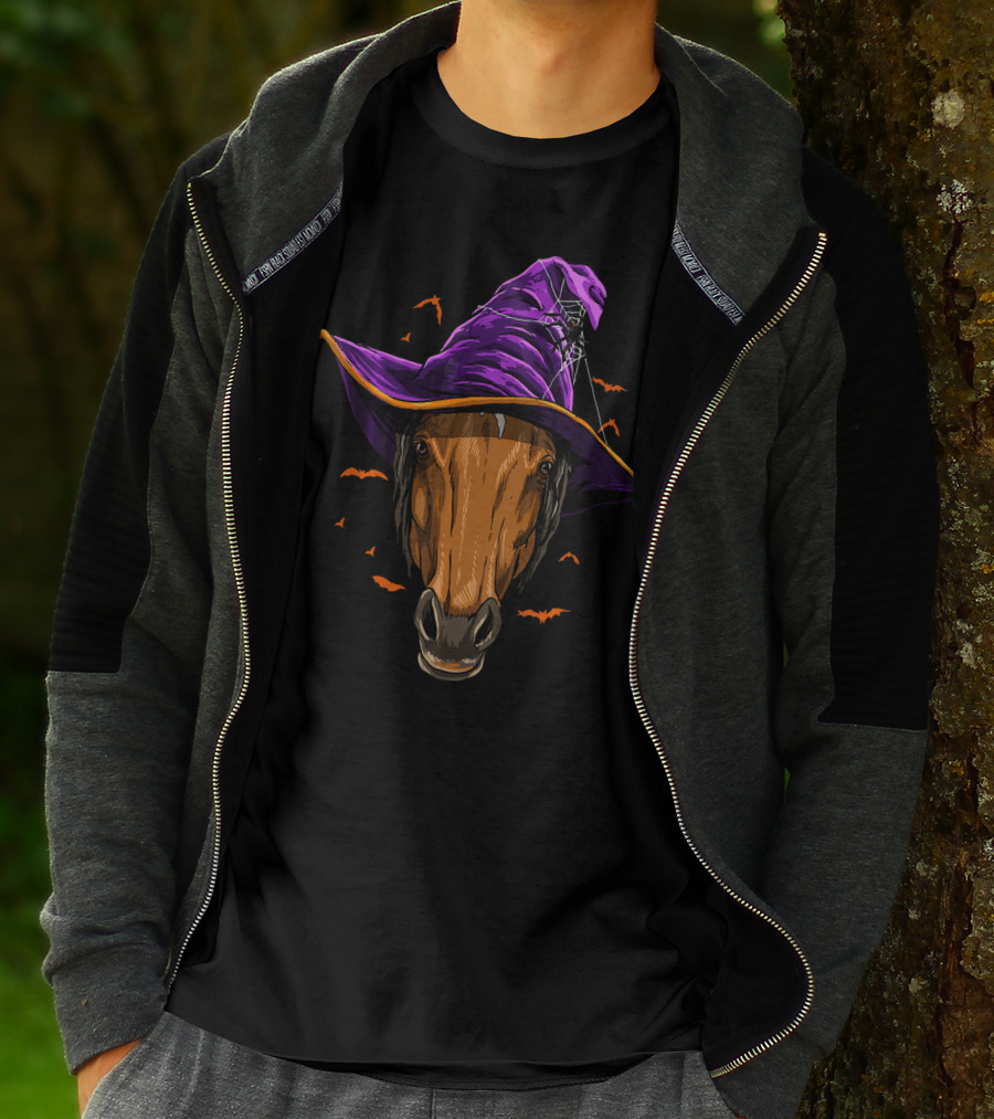 Horse With Purple Witch Hat Surrounded By Bats And Spider Web T-Shirt
