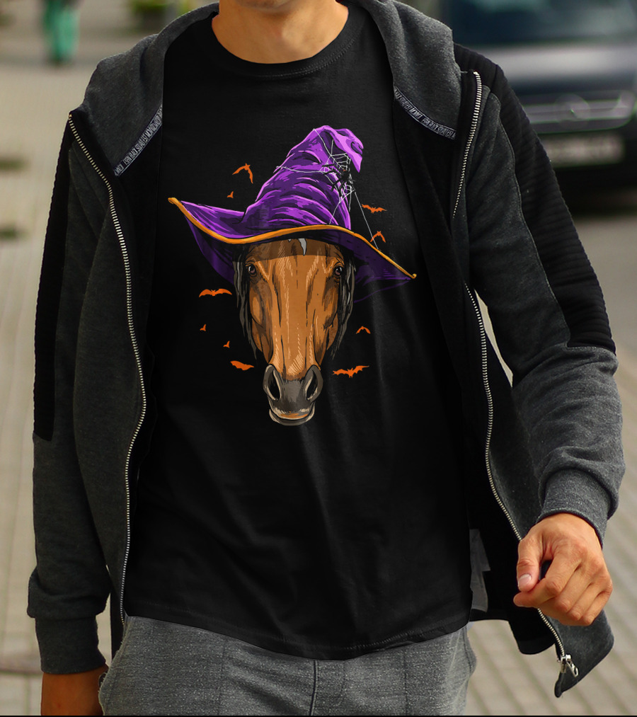 Horse With Purple Witch Hat Surrounded By Bats And Spider Web T-Shirt