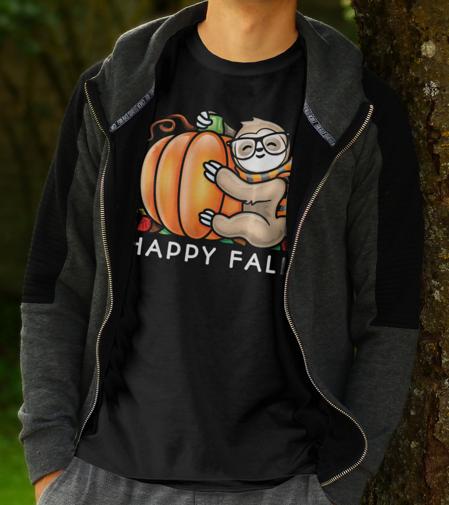 Happy Fall Cute Sloth Glasses Scarf Pumpkin Hug T-Shirt