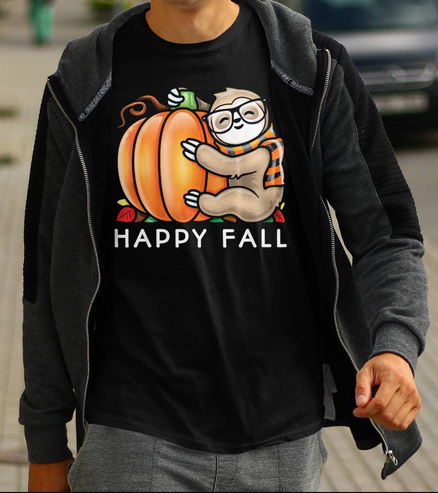Happy Fall Cute Sloth Glasses Scarf Pumpkin Hug T-Shirt