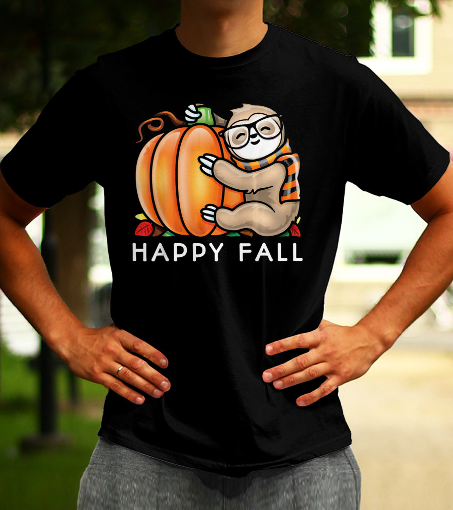 Happy Fall Cute Sloth Glasses Scarf Pumpkin Hug T-Shirt