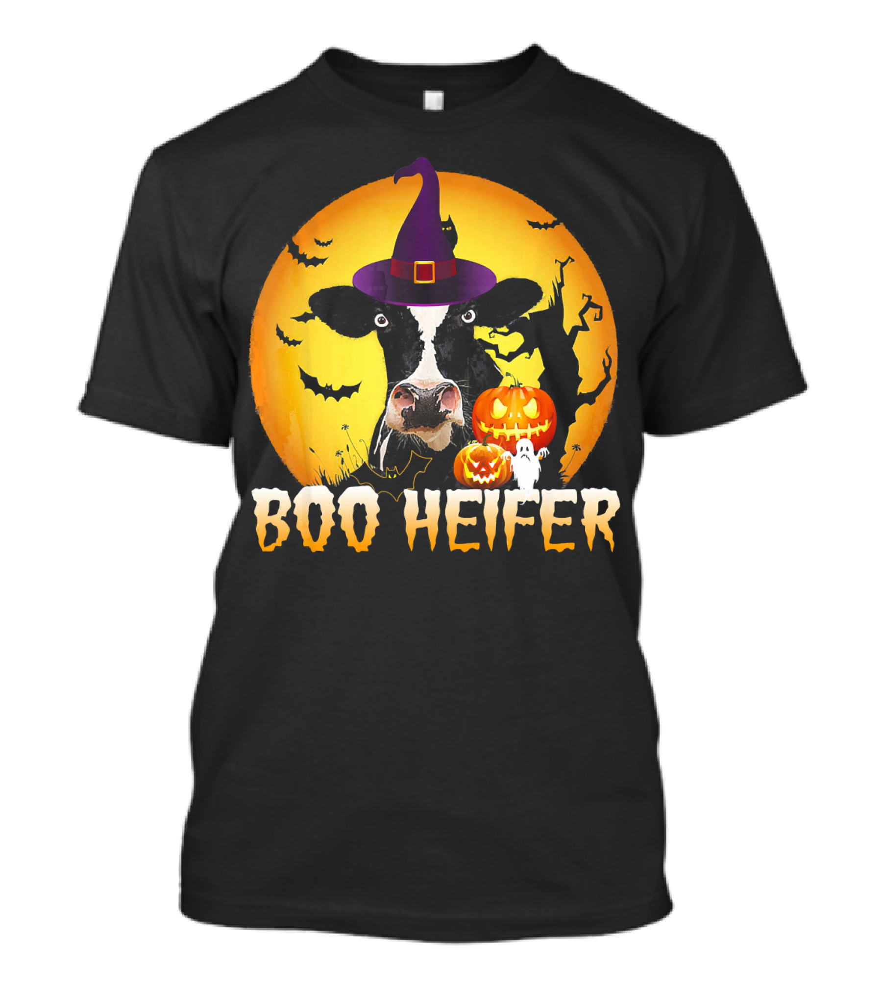 Boo Heifer Witch Hat Cow Halloween Moon Pumpkins Ghost T-Shirt
