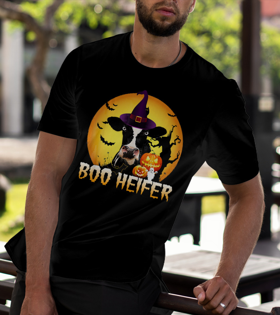 Boo Heifer Witch Hat Cow Halloween Moon Pumpkins Ghost T-Shirt